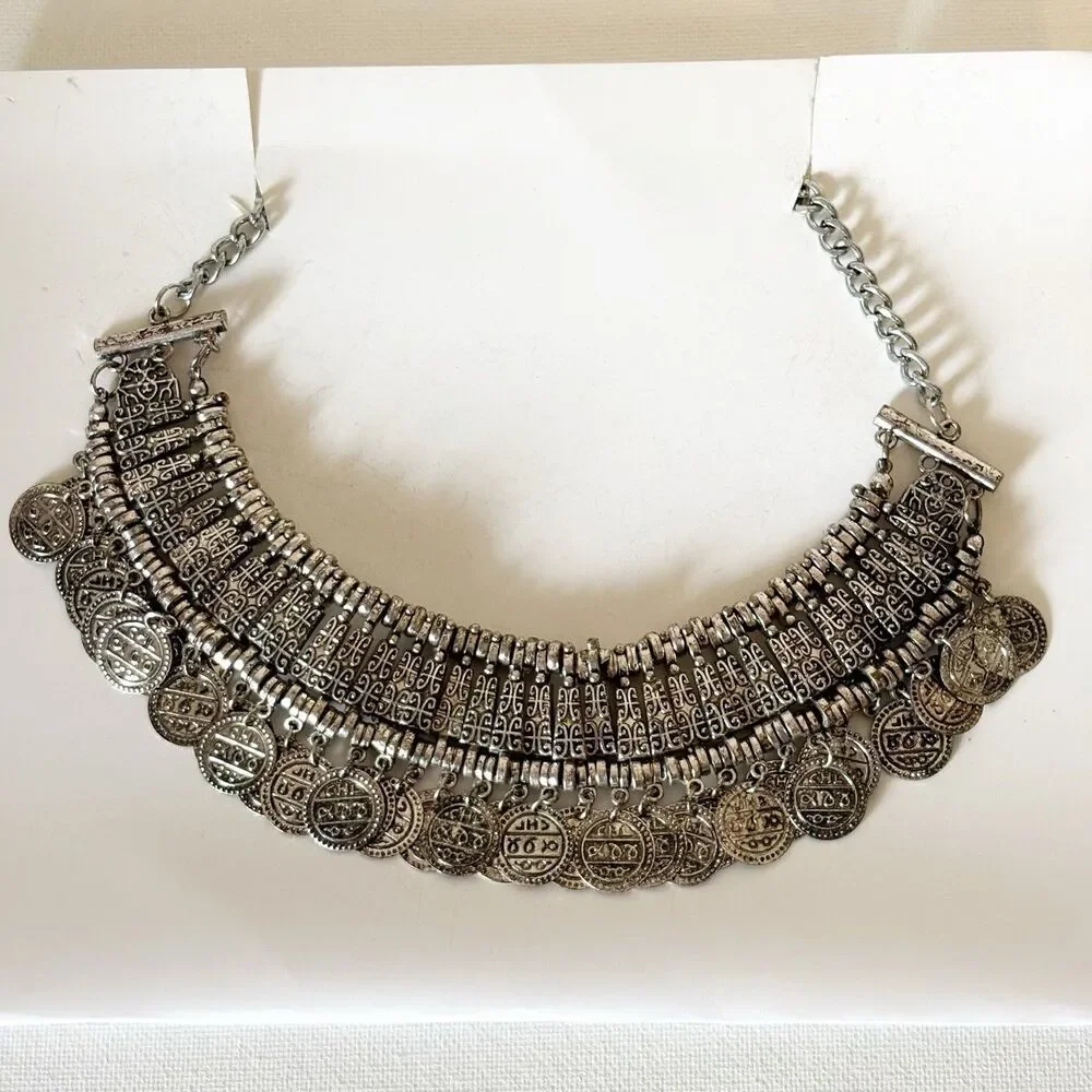 Silver Tone Coin Wide Choker Necklace Bohemian Gypsy Love Affair 16.5” - Picture 1 of 14
